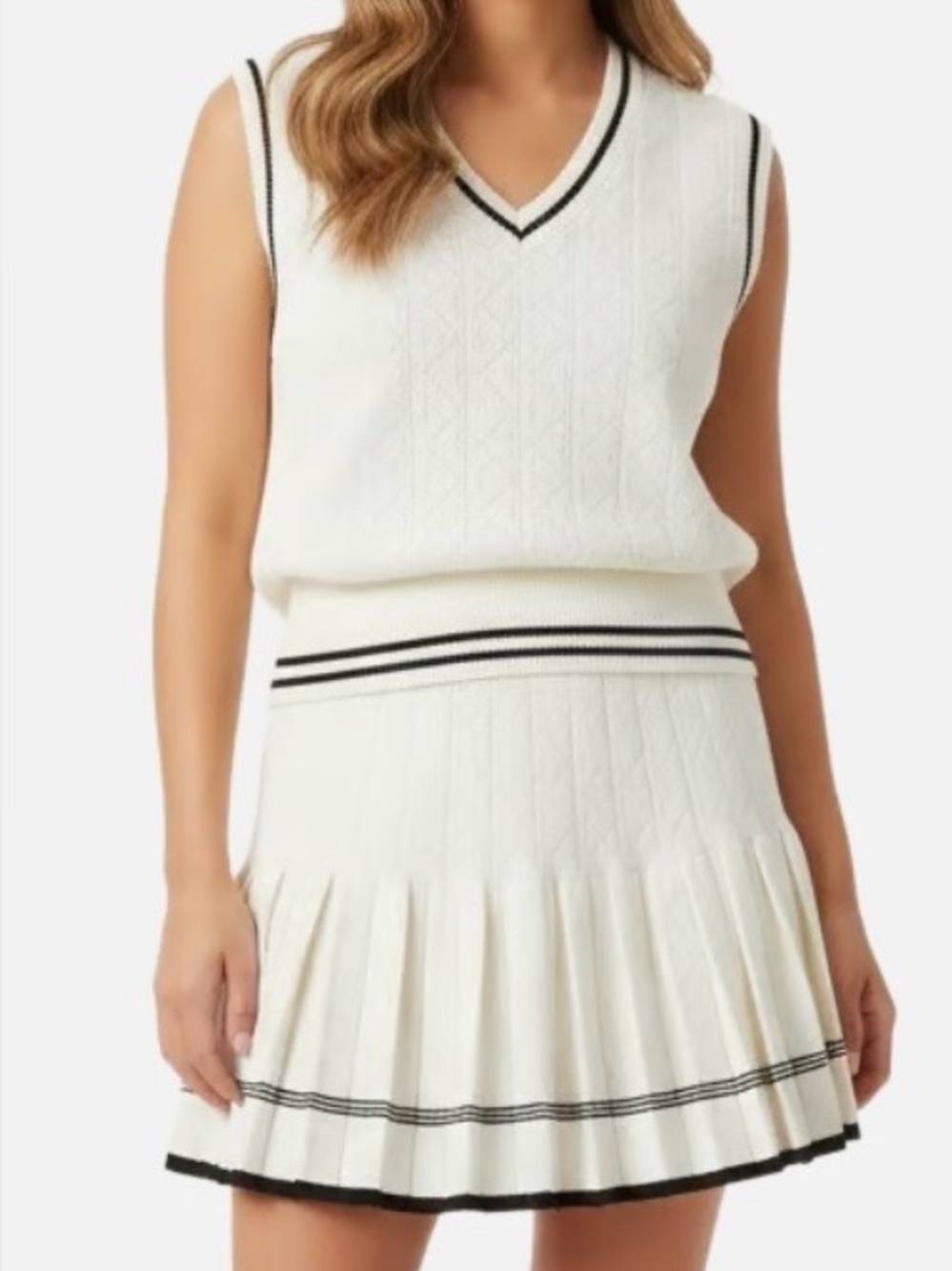 Cream Pleated Mini Skirt with Black Trim and matching top